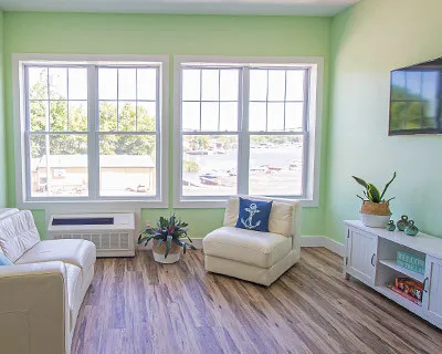 Waterfront rental interior and surroundings