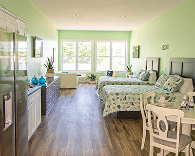 Waterfront rental interior and surroundings