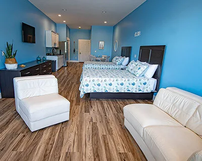 Waterfront rental interior and surroundings